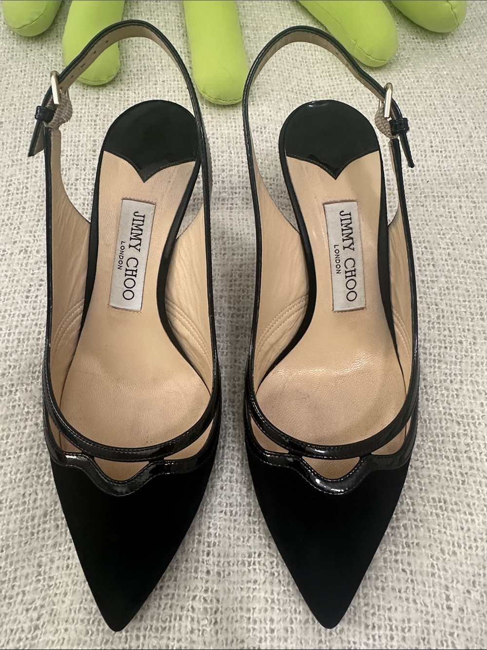 Jimmy Choo Black Pointed-Toe Slingback Pumps with Patent Trim